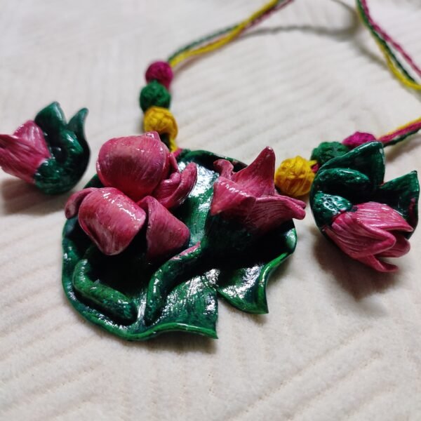 Lotus and leaf necklace set ( 1 necklace and 2 ear rings ) - Image 2