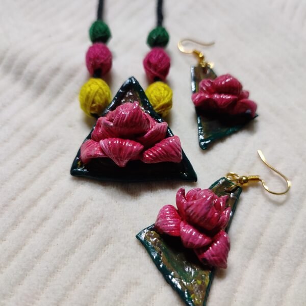 Lotus on triangle pendent and ear rings set ( 1 necklace and 2 ear rings ) - Image 2