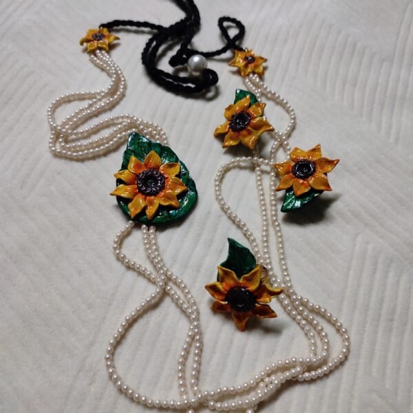 Sunflower with leaf necklace set ( 1 necklace , 2 ear rings) - Image 2